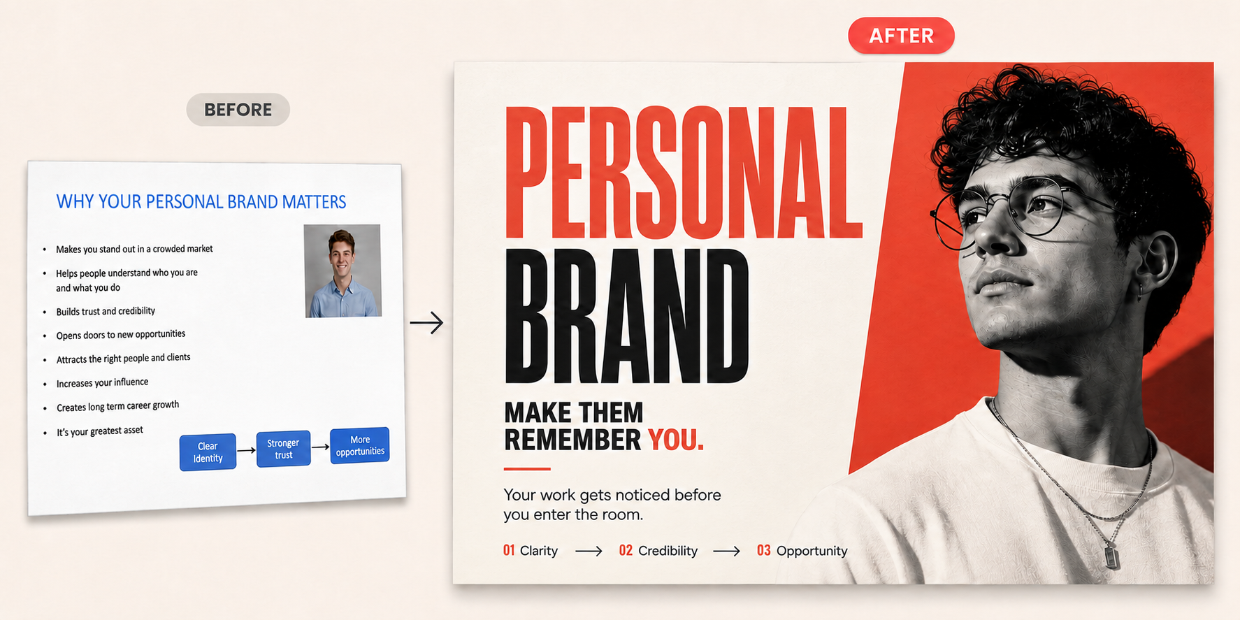 Sample transformation: a bulleted personal branding slide redesigned into a bold editorial layout with a large portrait, an oversized headline, and a three-step clarity, credibility, opportunity sequence.